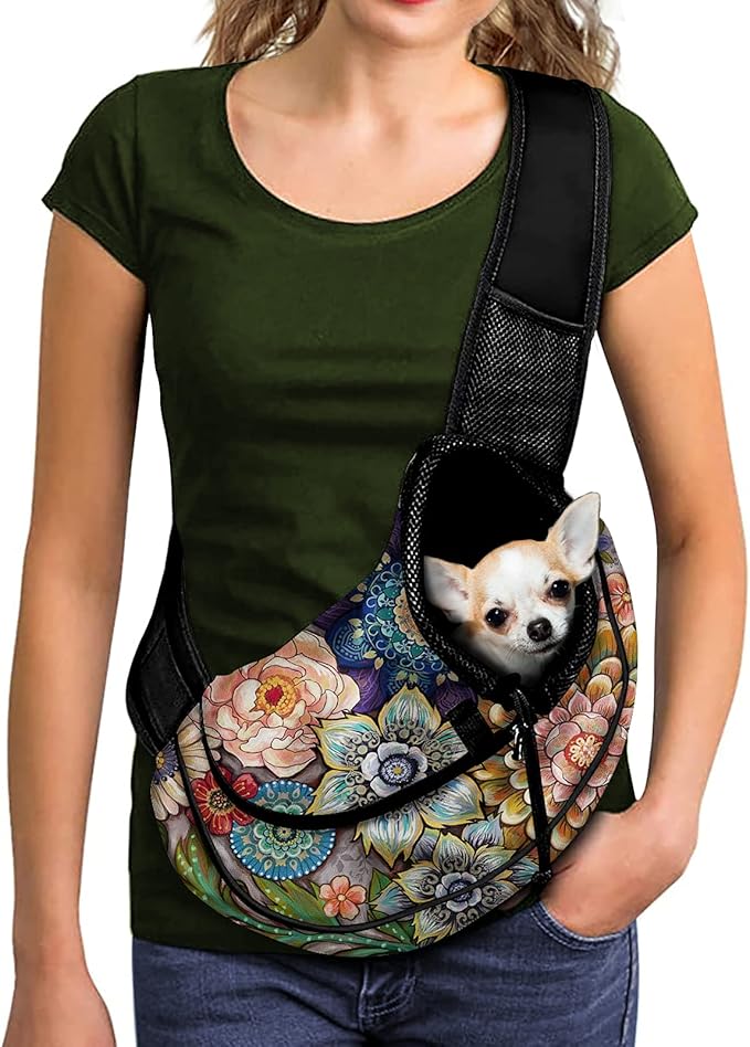 FUSURIRE Mandala Flowers Pet Dog Sling Carrier Colorful Puppy Sling Bag Small Cats Sling Boho Style Adjustable Strap Breathable Mesh Pet Carrier Front Pack for Outdoor