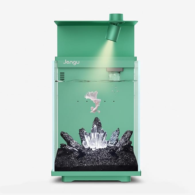 2.1 Gal Betta Fish Tank, Ultra Clear Glass Desktop Aquarium Starter Kit | Hidden Back Filter, Quiet Pump, LED Light, All-in-One Nano Aquarium for Desk, Green