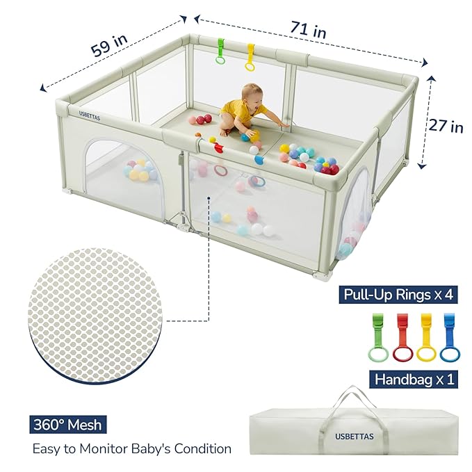 Foldable Baby Playpen, 1-Minute Setup, Lightweight Portable Playpen with Carry Bag, 59"x71" Indoor Outdoor Safty Play Yard for Babies & Toddlers, Beige