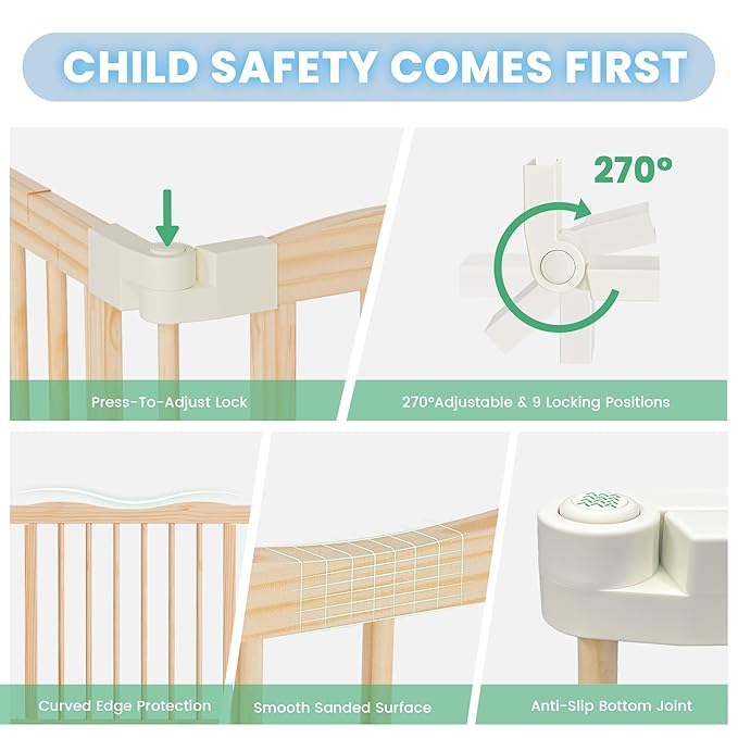 Foldable Wooden Playpen - Adjustable Wood Baby Play Yard with Child-Proof Lock, Indoor Large Safety Fence for Babies and Toddlers - Easy Assembly, 55 x 55 x 24 inches, Animal Bus, Natural