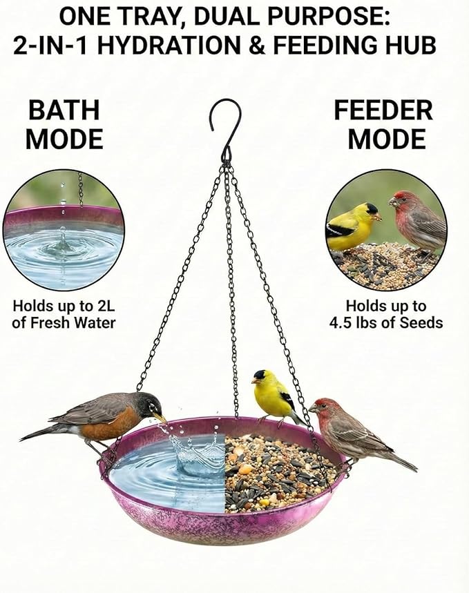 Hanging Bird Bath for Outside Iridescent Metal Feeder Tray with Hand-Painted Pink and Green Gradient 11" Decorative Birdbath for Wild Birds to Bathe & Drink Garden Decor for Patio & Yard