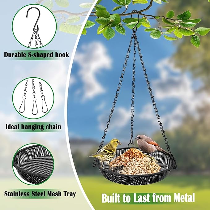 Hanging Bird Feeder for Outdoors – 9 in Metal Mesh Bird Feeder Tray Platform for Small Wild Birds, Black