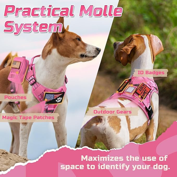 rabbitgoo Tactical Dog Harness for Large Dogs, No Pull Military Service Vest with Handle & Molle, Easy Control for Training Walking, Adjustable Reflective Straps, Pink Camo, S