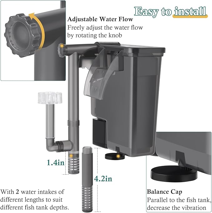 5W Hang on Aquarium Filter: Ultra Quiet 124 GPH Fish Tank Filter with Filter Sponge and Activated Carbon, Adjustable Waterfall Filter for 5-15 Gallon Fish Tank