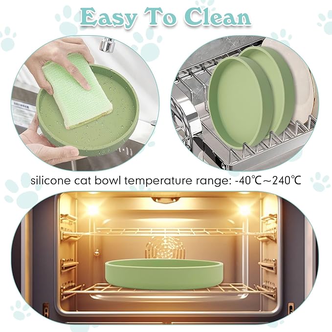 Silicone Cat Food Bowl Shallow Dishes 5.9in Wide Cats Bowls Kitty Plates Relief Whisker Fatigue Puppy Feeding Bowl for Dry Food and Wet Food Indoor (Round Bean Green)