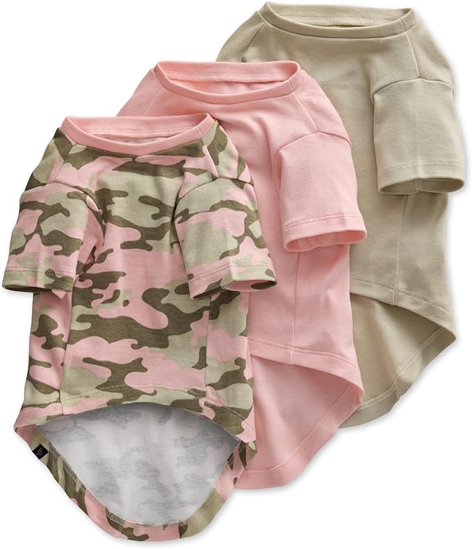 Pet Passion Toby II - The Perfect Tee, 3 Pack Short Sleeve Pet T-Shirt 100% Organic Cotton Tees Clothes for Small, Medium, Large Dogs, Pink Camo, Large (40-60 lbs)