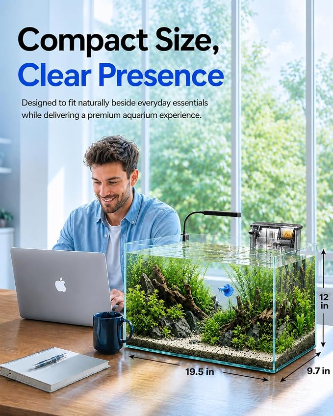 10-Gallon Ultra-Clear Glass Fish Tank Starter Kit, LED Light, Reusable 3-Stage Filter, Lid, Easy Maintenance Rimless Aquarium for Betta and Small Fish