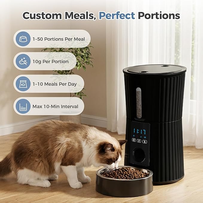 DUMOS Automatic Cat Feeder, 4L WiFi Timed Cat Food Dispenser with APP Control, 10s Voice Recorder, Dual Power Supply, Indoor Programmable Pet Feeder with Desiccant for Small Cats and Dogs, Black
