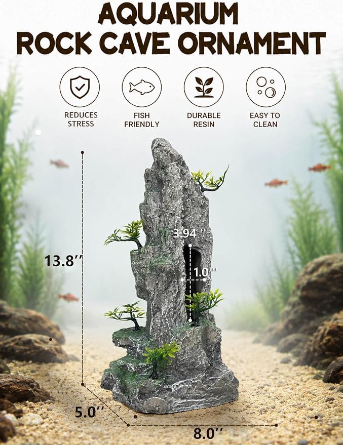 Aquarium Decor - Tall and Large Mountain Rock Ornament for Fish Tank, Aquarium Hideout with Rock Texture for Betta, Guppy, Shrimp - Safe Aquatic Decoration, Fish Hiding House（Grey）