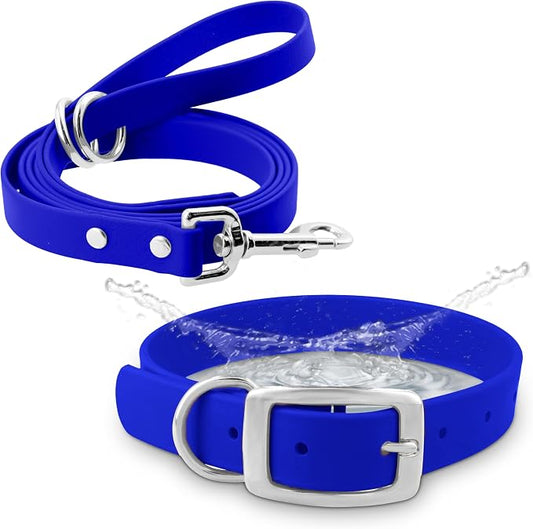Regal Dog Products Medium Blue Waterproof Dog Collar and Leash Set | Heavy Duty Double Buckle & D Ring - 5'ft Leash | Adjustable Biothane Dog Collar | Chew Resistant Waterproof Collar for Dogs