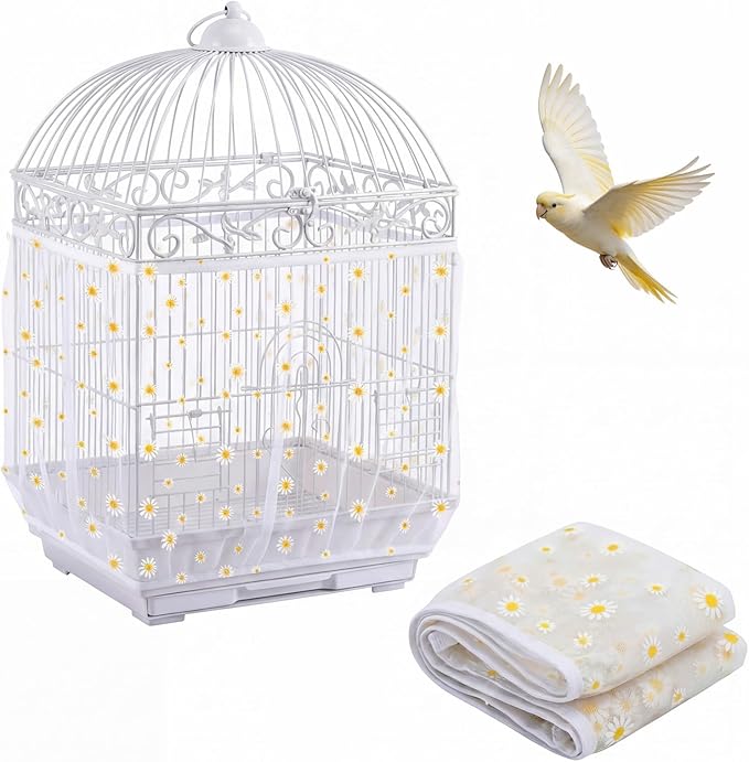 Trinkrittey Bird Cage Seed Catcher, Universal Bird Cage Seed Catcher Guard Adjustable Parrot Nylon Mesh Net Cover for Round Square Cages Parrot Parakeet African Macaw(Daisy-White, 15.7" x87")