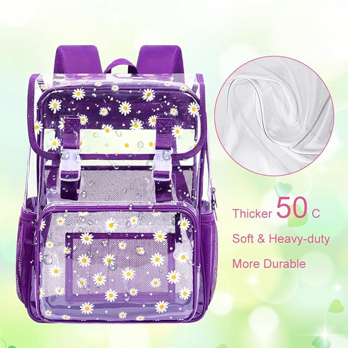 17" Daisy Clear Backpack for Girls - 3Pcs Flip Design Stadium Approved Set, Gym/Concert Transparent Bookbag (Deep Purple)