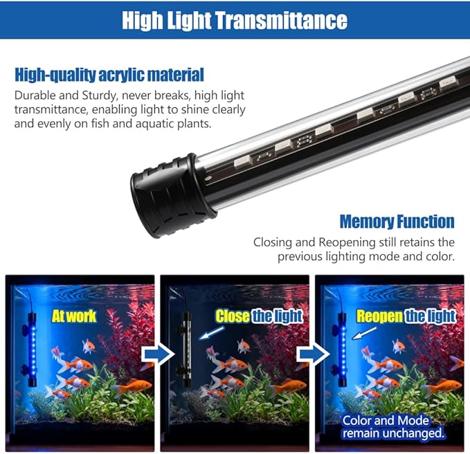 LED Aquarium Light with IP68 Waterproof and Memory Function Submersible Fish Tank Light with Remote and 16 Colors 7.5 Inches Brightness Adjustable Underwater Light Bar for Fish Tank Aquarium