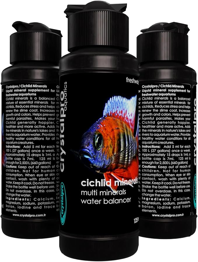 Crystalpro Cichlid Minerals 4.22 Oz - Mineral Additive for Cichlids Replenishes Protective Coat Improves Respiration and General Health Freshwater Aquarium Salt (125 ml) Treats 660 Gallons