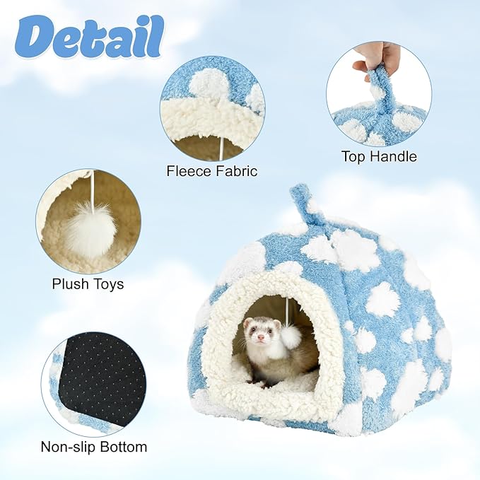 Bunny Bed Blue Sky with Cloud Pattern House for Rabbit Guinea Pig Hiding Hut Small Animals Hideaway Indoor Habitat for Bunny Guinea Pigs (Blue)