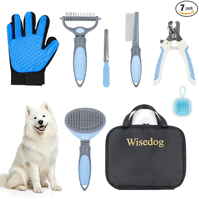 Wisedog Dog Grooming Kit 7PCS - Cat Nail Clipper with Nail File, Dematting Comb for Dogs, Flea Comb, Bath Brush, Hair Removal Mitts (Upgraded Blue)
