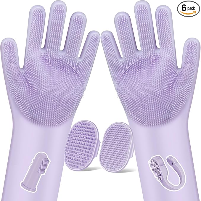 Augwind 6PCS Pet Grooming Kit for Dogs, Cats and Horses | Dog Washing Gloves | Cleanroom Gloves | Dog Bath Brush | Dog Bath Gloves | Dog Shampoo Brush | Dog Bath Supplies (Purple)