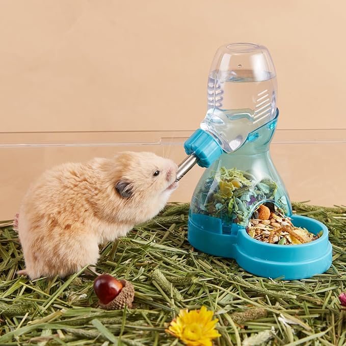 2 in 1 Hamster Water Bottle No Drip with Large Capacity Automatic Food Dispenser Small Animal Feeder for Syrian Dwarf Hamster Mouse Rat Degu (Blue, 3oz)