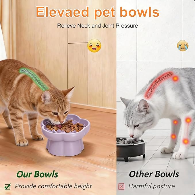 Cat Slow Feeder Flower-Shaped Ceramic Slow Feeder Cat Bowl, Tilted Raised Cat Slow Feeder Bowl for Whisker Relief, Prevents Vomiting & Bloating, Non-Slip Base (Pure Pink)