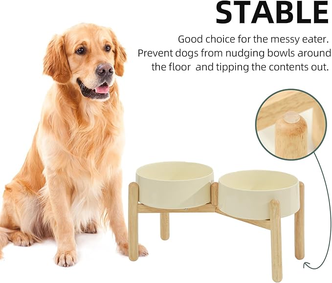 Havniva Ceramic 8.2inch Raised Dog Bowl with Stand for Large- Breed Dogs, Pet Food and Water Feeder (Double Bowl with Stand - Light Yellow)