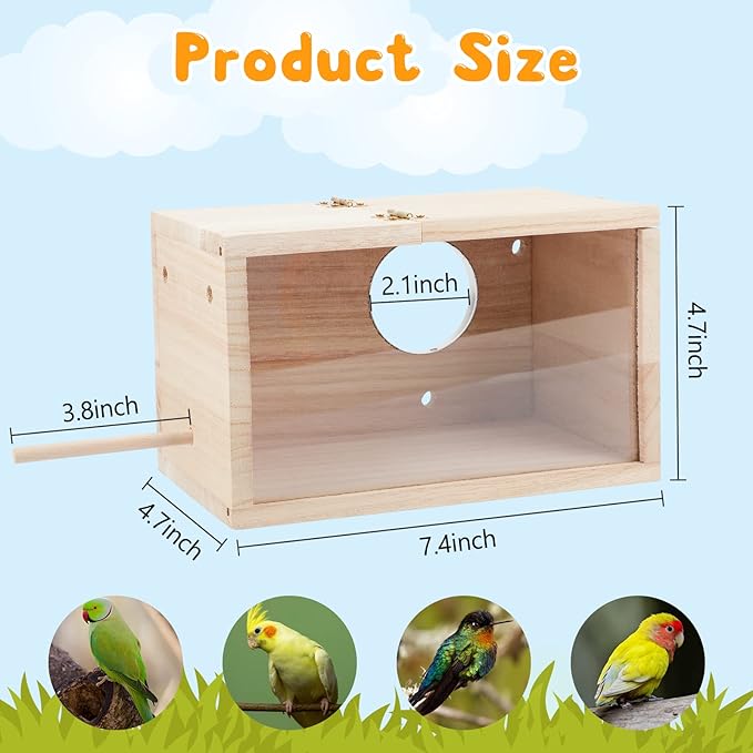 Rypet Parakeet Nesting Box Transparent Design, Thwartwise Bird Nest Breeding Box with Perch Wood Bird Cage House for Cockatiel Lovebirds Budgie Finch Parrotlets Canary S