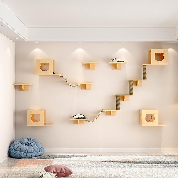 CanormpetCat Wall Shelves and Perches, Solid Wood Wall Mounted Cat Furniture with 4 Cat Condos House, 8 Shelves, 2Ladder, 3 Sisal Cat Scratching Post (C)