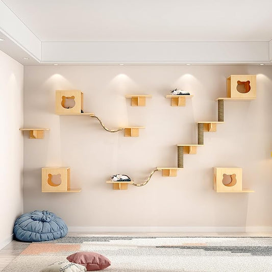 CanormpetCat Wall Shelves and Perches, Solid Wood Wall Mounted Cat Furniture with 4 Cat Condos House, 8 Shelves, 2Ladder, 3 Sisal Cat Scratching Post (C)