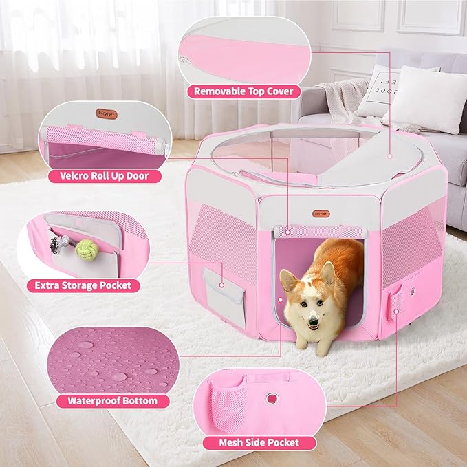 Seiyierr Dog Playpen, Portable Pet Play Pen Foldable Carrying Case, Puppy Pens Outsid for Small Cat Indoor/Outdoor, Removable Mesh Shade Cover