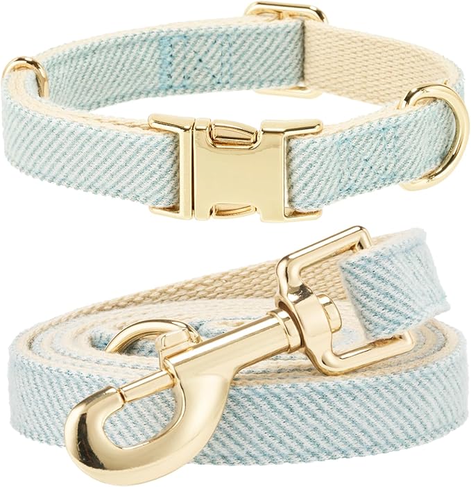 Luxury Soft Cotton Tweed Fabric Dog Collar & Leash Set with Gold Buckle – Durable Fabric, Stylish Design for Everyday Walks(Small LtBlue)