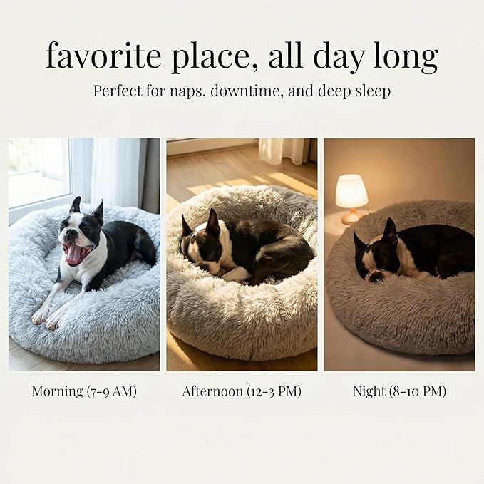 Calming Dog Bed for Medium Dogs Washable Donut 28 inches Anti-Slip Pet Bed,Round Fluffy Plush Faux Fur Cat Bed,Fits up to 40 lbs Pets,Frost Grey