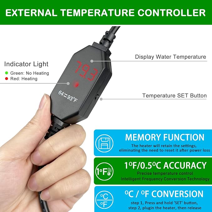 Small Submersible Aquarium Heater, Adjustable Mini Fish Tank Heater 25W 50W 100W 150W with External Temperature Controller, Digital Display, for 5/10/20/30 Gallons (100W)
