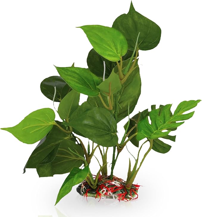 SunGrow Plastic Leaf Plant, Heavy-Duty Ceramic Base, Hiding Spot for Fish, Betta, Angelfish, Gold Fish, Frog, Python, Reptiles, Amphibians (10 Inches, 1 Count)