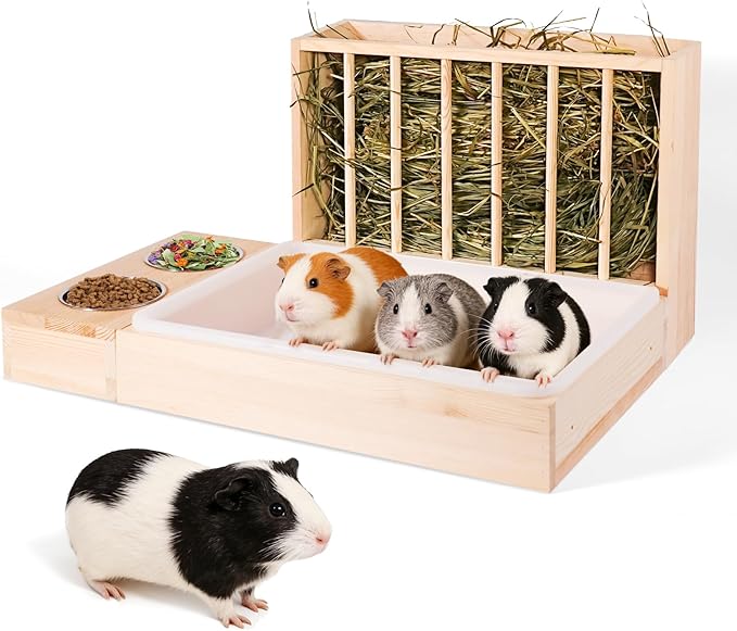 3 in 1 Wooden Guinea Pig Hay Feeder Mess Proof with Litter Box, for Guinea Pig, Chinchillas, and Other Small Animals