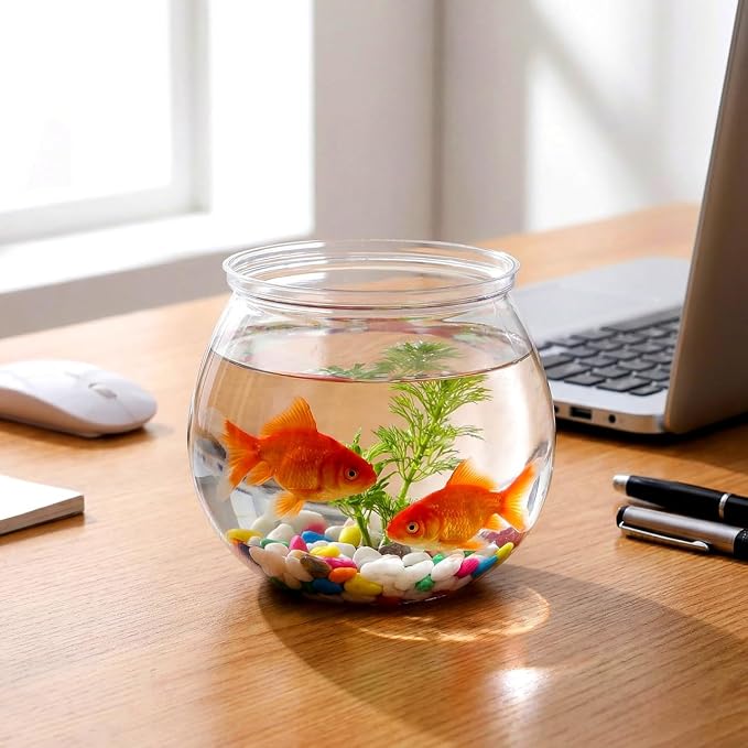 Angoily Transparent Plastic Fish Bowl 5.11 Inch Small Round Aquarium Tank for Desktop Home Office Decoration and Goldfish