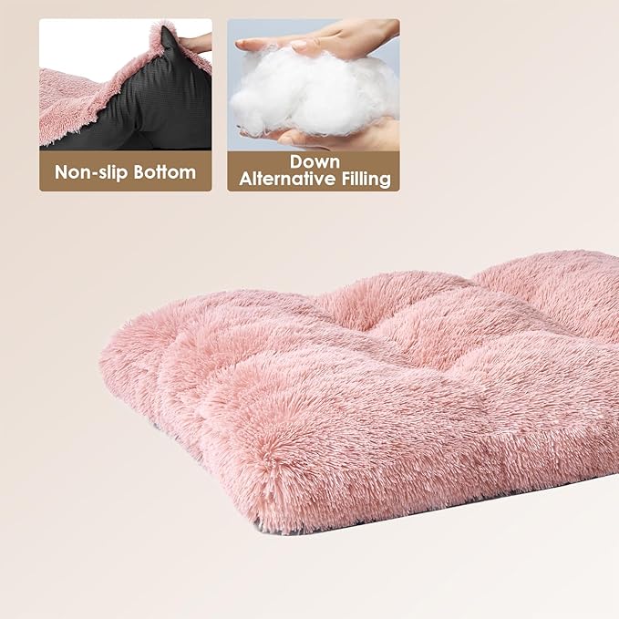 EHEYCIGA Fluffy Dog Bed, Plush Faux Fur Crate Pad, Calming Anti Anxiety Small Dog Bed, Washable Soft Warm Crate Mat with Non-Slip Bottom, Pink