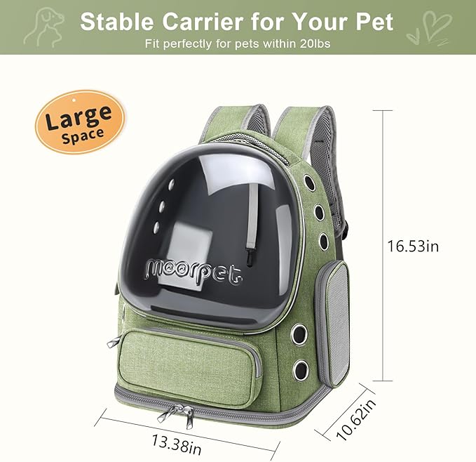 Cat Backpack Carrier, Breathable Cat Carrier Large Space Bubble Pet Backpack for Kitty Small Dog up to 20lbs, Transparent & Foldable Pet Carrier for Travel Hiking, Green