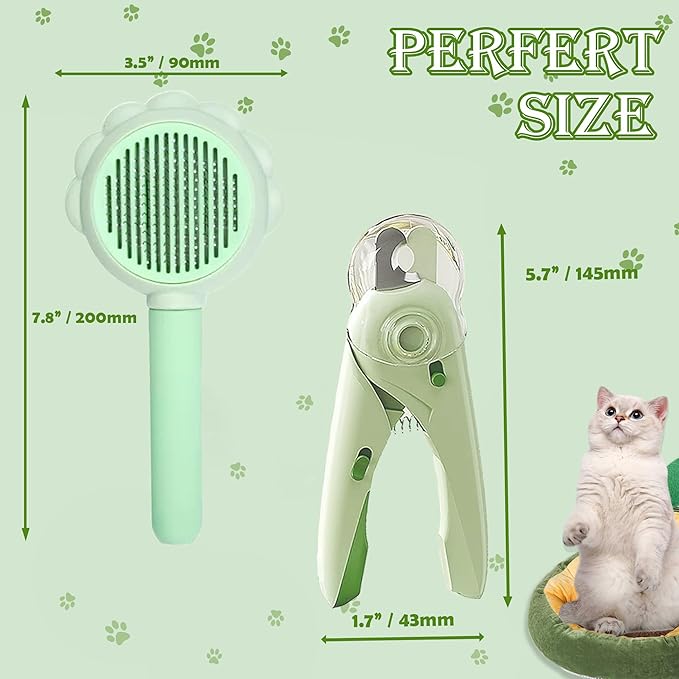 Self Cleaning Cat Brush for Shedding, LED Light Nail Clipper, Nail Clipper and Nail File, Slicker Brushes and Nail Trimmer for Long Haired Cats, Grooming Kit, Cat Lover Gifts