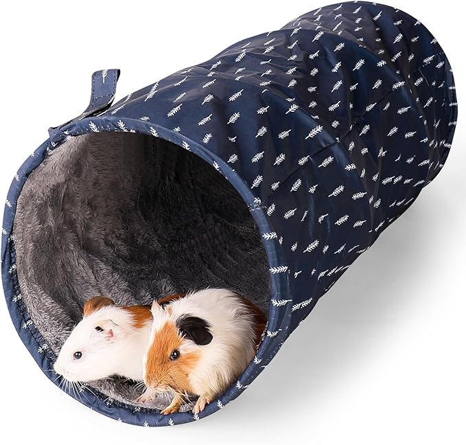Rabbit Tunnel - Guinea Pig Tunnel, Guinea Pig Tube, 2-Way Small Pet Play Tube, Folds Flat for Storage, Ideal for Adult Small Pets, Dark Blue, Leaf Pattern