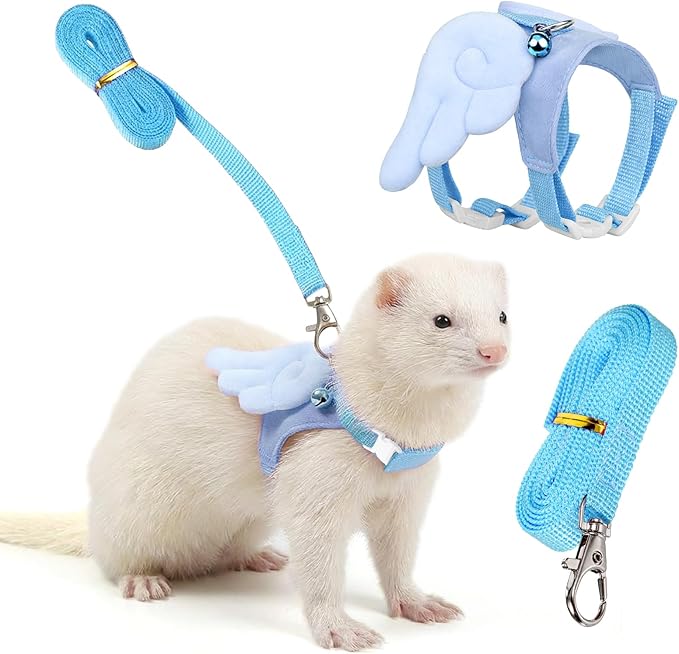 Ferret Harness and Leash Set Small Animals Vest Harness Soft-Harness Leash Vest Set with Bell Guinea Pig Clothes for Baby Ferret Rats Hamster Teacup Chihuahua Mouse Small Pet(Blue)