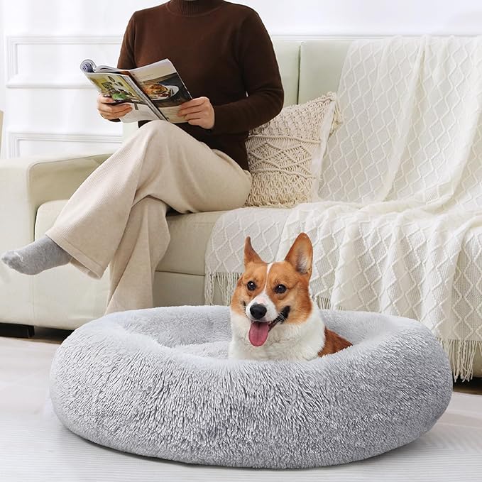 JOLLYVOGUE 23" Dog & Cat Bed, Calming Anti-Anxiety Pet Bed for Small Dogs, Fluffy Donut Cushion for Small and Medium Pets