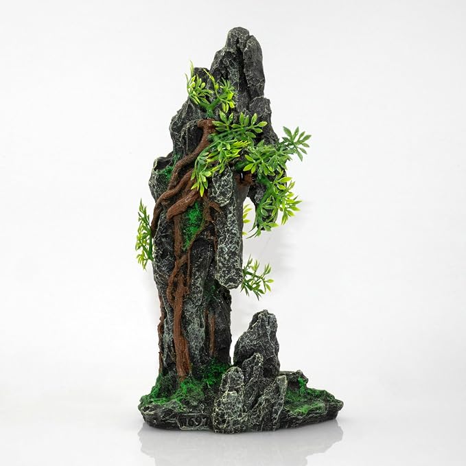 Aquarium Mountain View Stone Ornament, Large Resin Hideout Cave for Betta & Shrimp, Fish Tank Decor Rock Cave with Fish Cave and Hideouts (7.28" x 4.13" x 13.58")