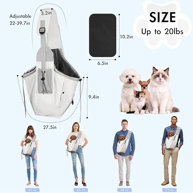 Dog Carrier Sling, Dog Carriers for Small Dogs & Cats with Pockets, Puppy Carrier Sling 20 lbs Machine Washable, Adjustable Shoulder Strap, Hands Free for Family Outdoor Use (Grey)
