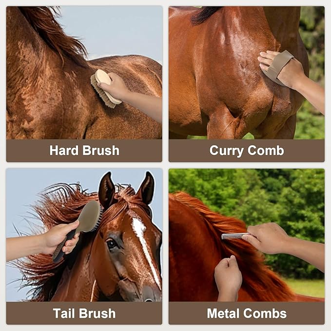 Horse Grooming Kit 14 Pieces, Horse Brushes Set for Grooming & Bathing Supplies, Professional Horse Supplies with Mane & Tail Comb, Curry Comb, Hoof Pick, Gloves & Mesh Tote Bag for Equine Care