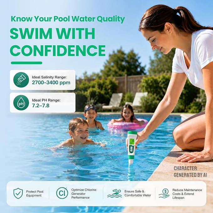 Salt Tester for Saltwater Pool & PH Meter, High Accuracy Pool Salt Tester, 5 in 1 Salinity PH Temp EC TDS Meter for Pool Hot Tub Swimming Aquarium, Daily Maintenance & Water Quality Testing, Green