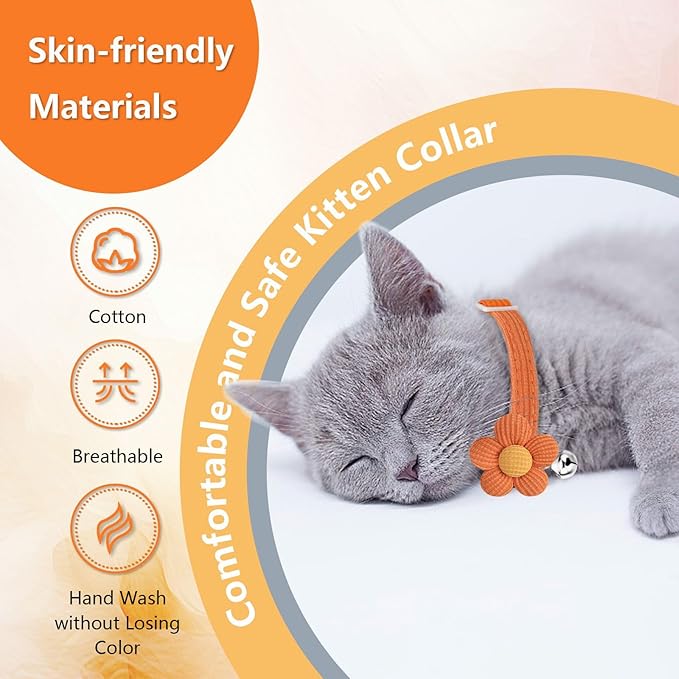 Cat Collar, HANSHILAI Kitten Collar with Bells, Cute Cat Collar Breakaway for Girl Boy with Flower,Collar para Gatos (2 Pack) (Orange & Rose Red)
