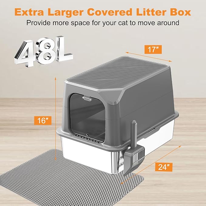 Extra Large Stainless Steel Cat Litter Box Enclosed with Lid - 24" x 16" x 17" Metal Cat Litter Box XXL, Front Entry High Side Kitty Litterbox with Scoop & Mat, Anti Leakage, No Sticky