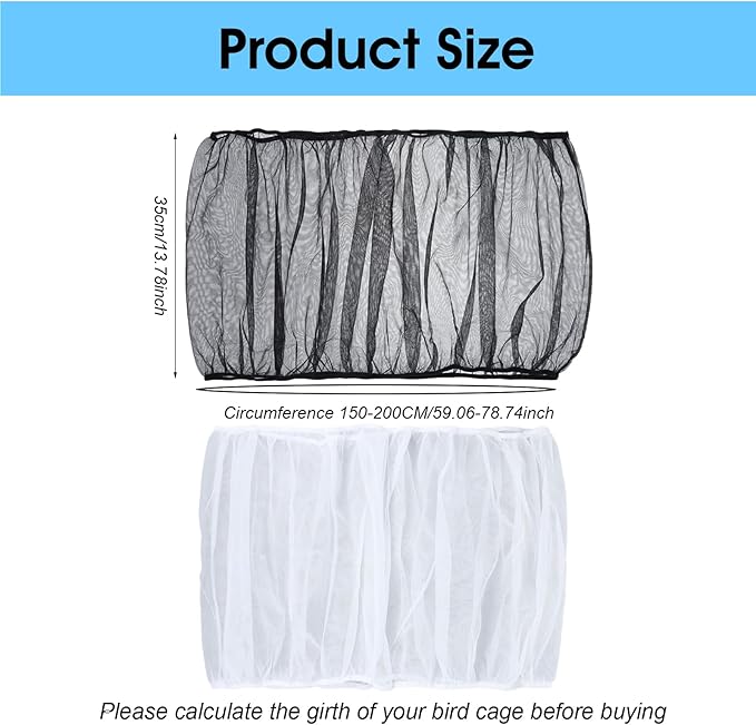 Nogeqi 2PCS Bird Cage Seed Catcher, Nylon Adjustable Elastic Bird Cage Net Cover Skirt Guard, Universal Birdcage Accessories for Parrot Canary Parakeet Cockatiel Budgie Quail (Black, White)