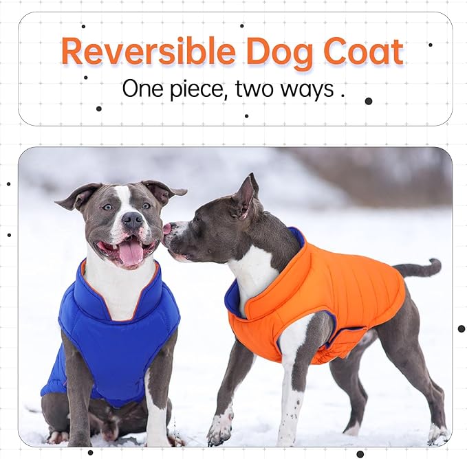 Lelepet Reversible Dog Coat Waterproof Dog Jacket Windproof Puffer Vest for Winter Warm Lightweight Coats for Medium Dogs Adjustbale Hook & Loop Pet Apparel with Leash Hole, French Bulldog, Orange, L