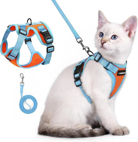 rabbitgoo Cat Harness and Leash Set, Escape Proof Soft Adjustable Vest Harnesses for Outdoor Walking, Easy Control Breathable Kitten Jacket with Reflective Strips, Orange & Light Blue, XXS