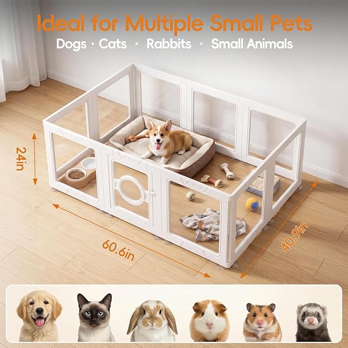 JEKO&JEKO Clear Acrylic Dog Playpen Indoor, Transparent Pet Play Pen for Puppies, Small Dogs, Cats & Rabbits, Easy Assemble Plastic Dog Fence, Easy to Clean (White, 10 Panels)